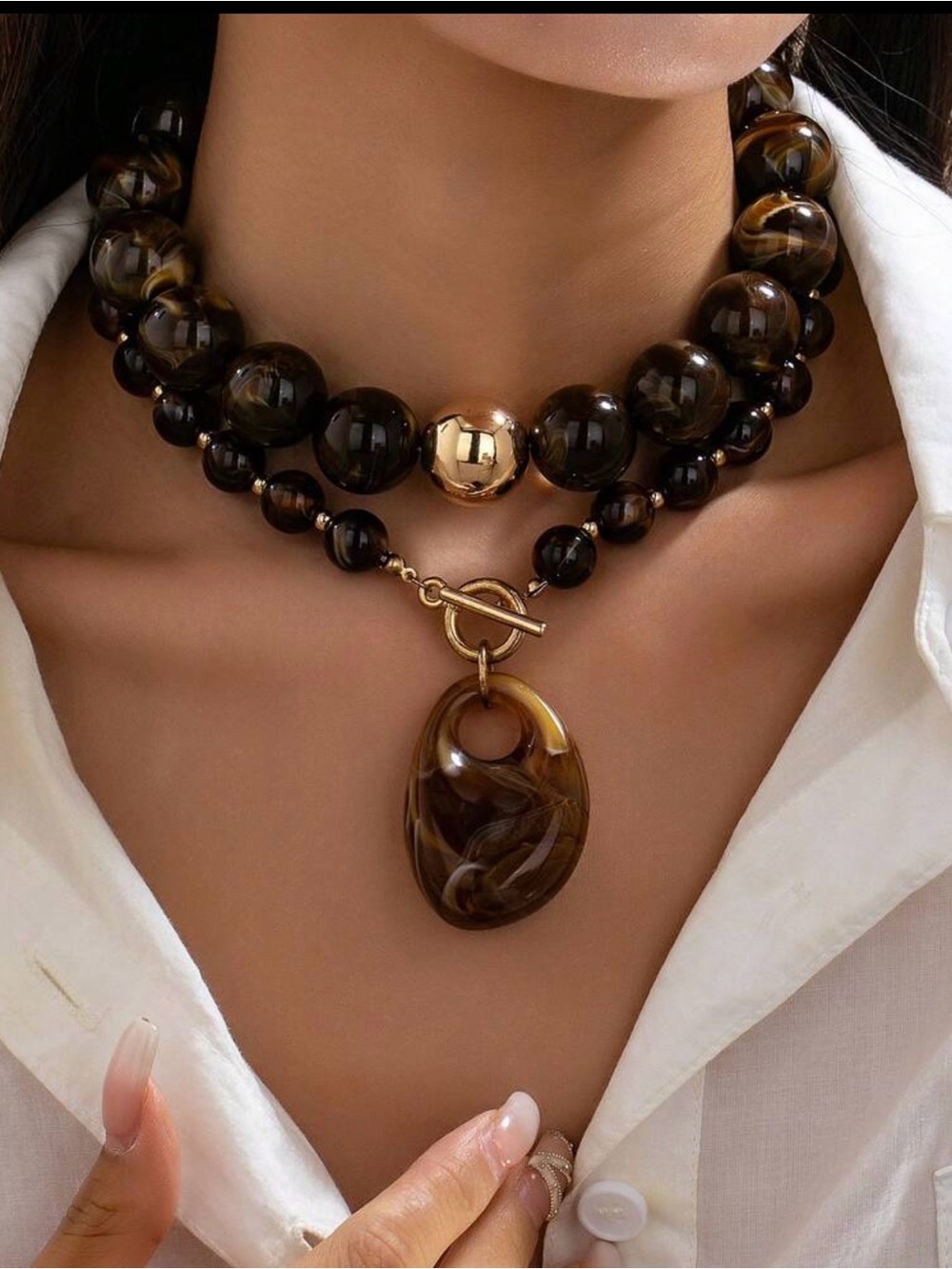 Gold-Tone and Brown Beaded Statement Necklace with Brown Pendant